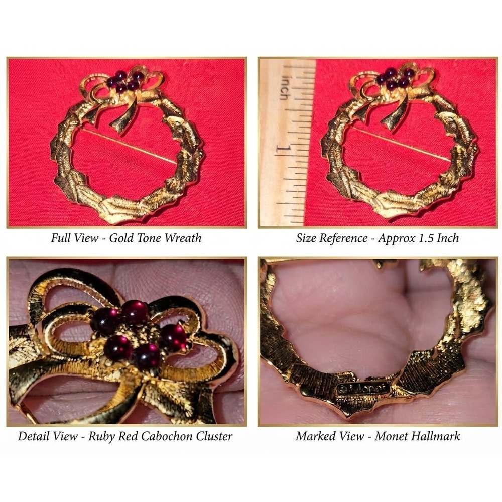 Vintage Monet Brooch Gold Tone Holly Wreath Brooch with Red Cabochons 70s